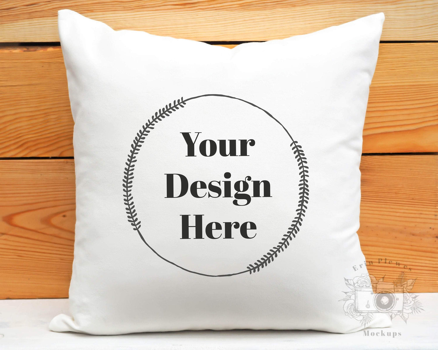 Erin Plewes Mockups Pillow Mockup, White pillow mockup with rustic wood background for lifestyle stock photography, square pillow mock up jpeg digital download