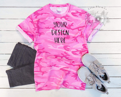 Erin Plewes Mockups Pink T Shirt Mockup, Camo T-Shirt Mockup for SVG and Sublimation Flatlay, Instant Digital Download Jpeg Template