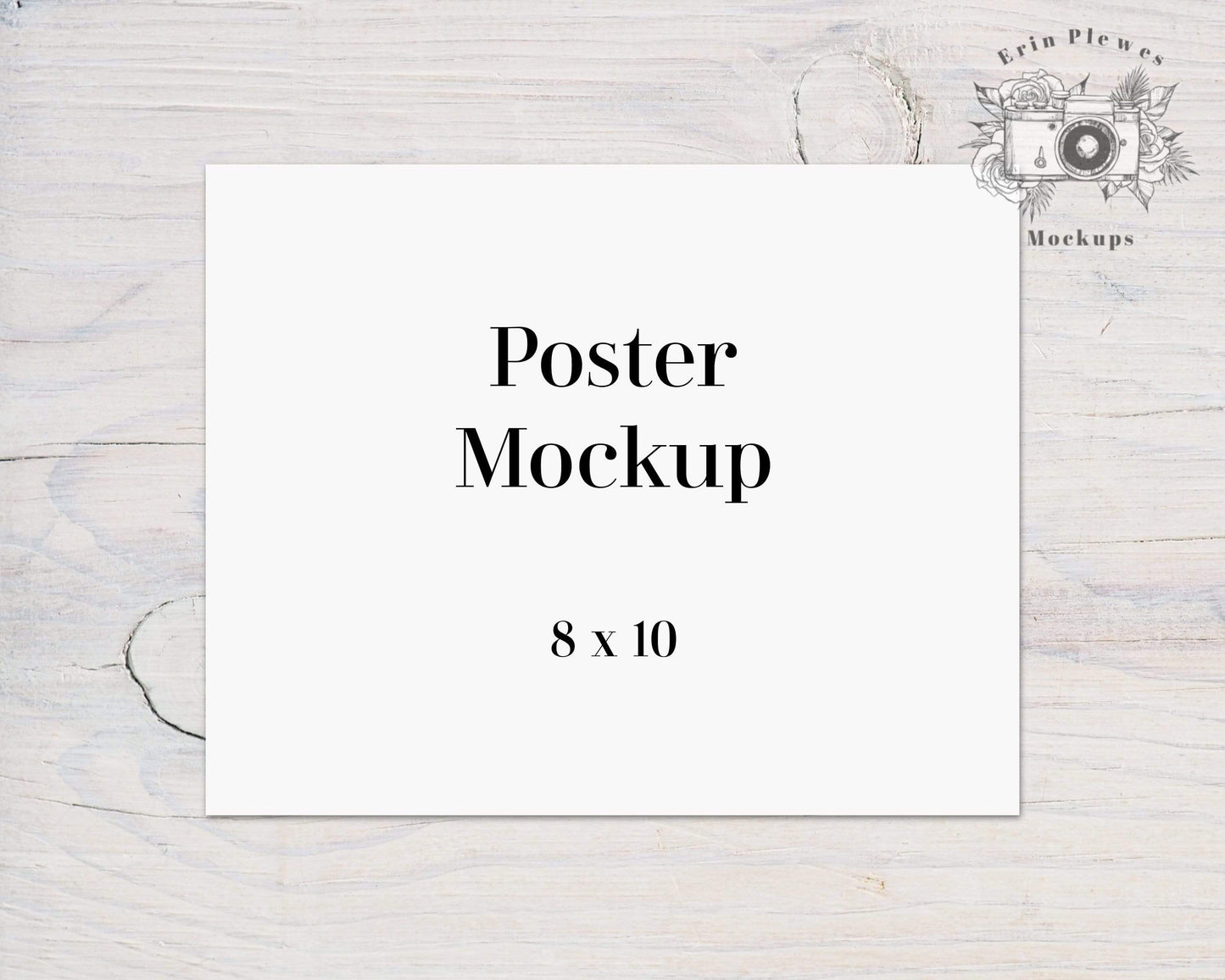 Erin Plewes Mockups Poster Mockup, 8x10 Horizontal Print Mock Up on White Farmhouse Rustic Wood, Minimalist Paper Mockup JPG