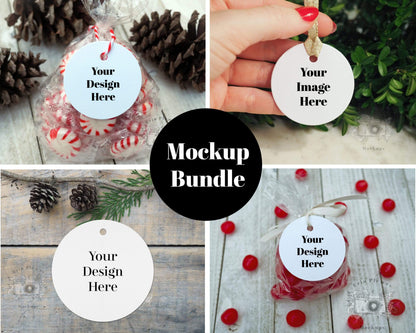 Erin Plewes Mockups Round Tag Mockup Bundle, Christmas label mock up bundle for holiday present stock photography, Jpeg Instant Digital Download Template
