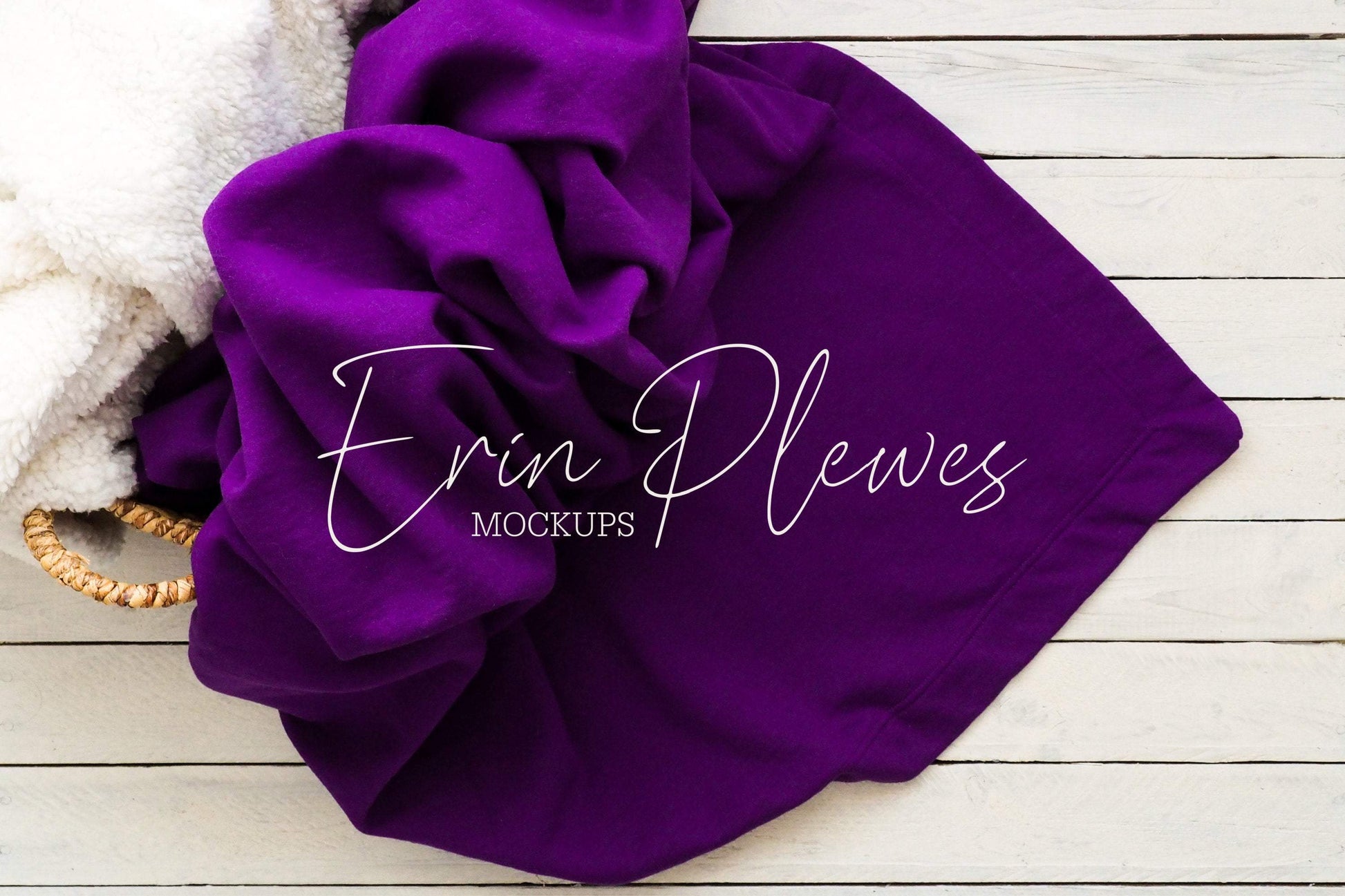 Erin Plewes Mockups Stadium Blanket Mockup, Purple Gildan blanket mock-up in a basket for lifestyle stock photography, Blanket mock up jpeg digital download