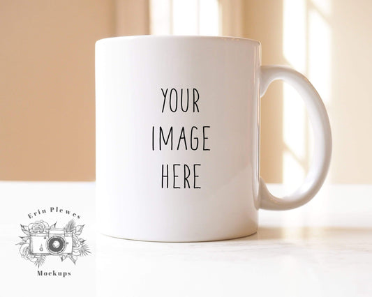 Erin Plewes Mockups White Mug Mockup, 11 oz Coffee Cup Mock Up with Clean Bright Background, Digital Download Minimalist Stock Photo Template