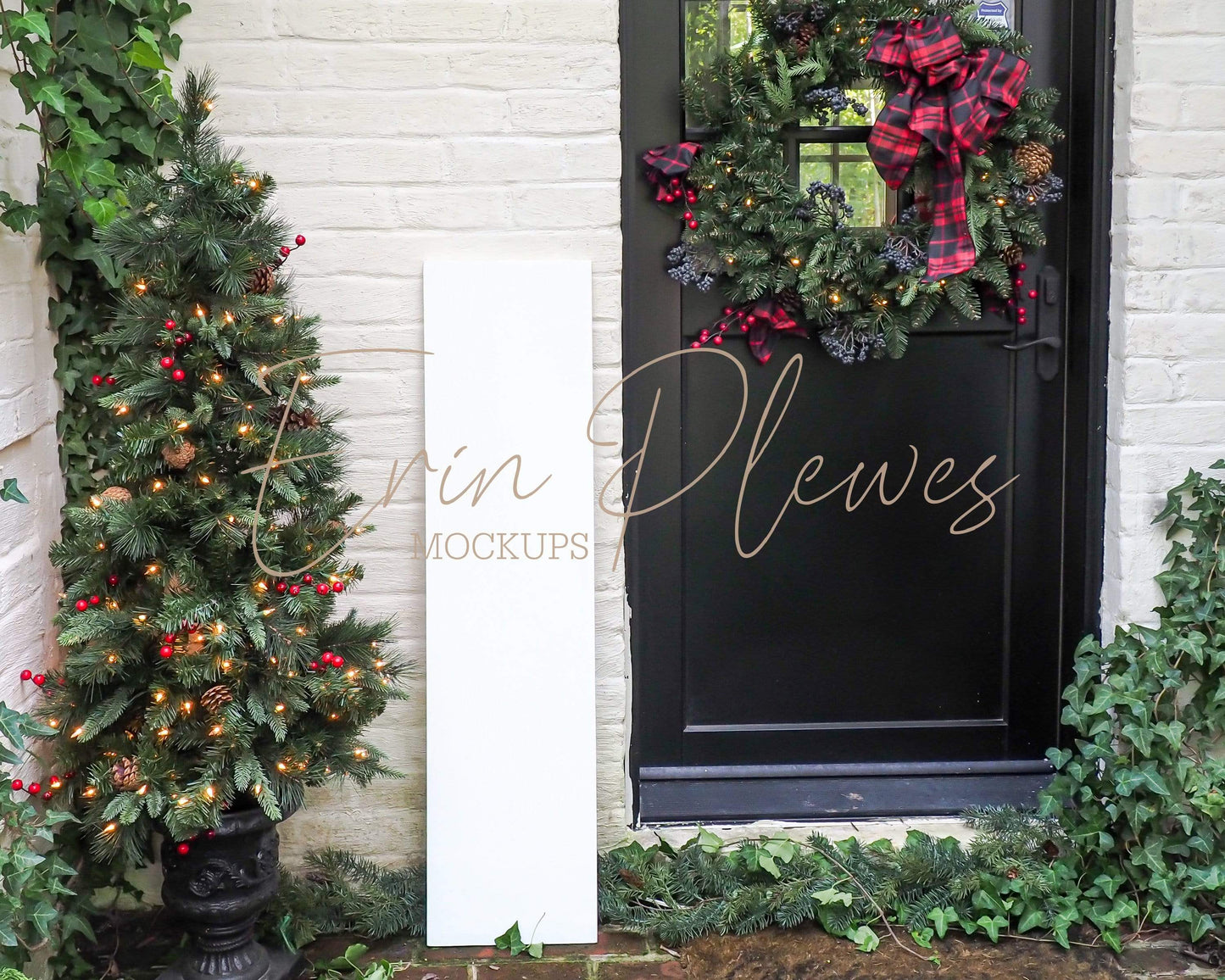 Erin Plewes Mockups White Sign Mockup, Christmas Frame Mock-up, Vertical Sign Mock Up 12"x48",  Holiday Styled Lifestyle Stock Photo