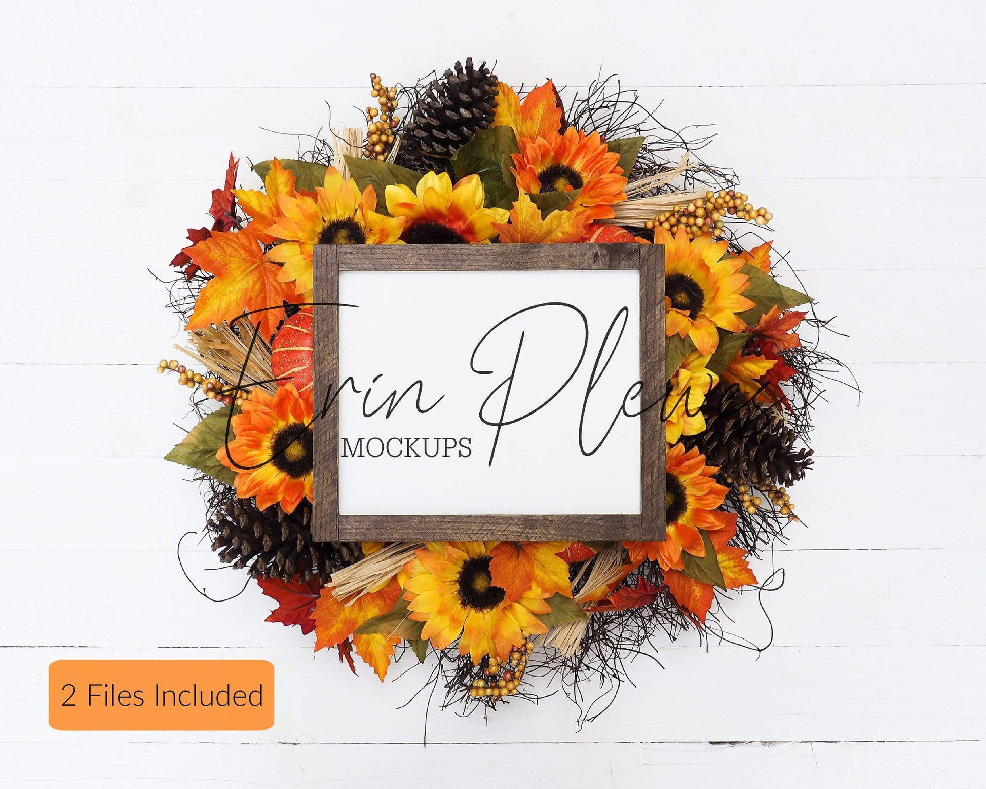 Erin Plewes Mockups Wood Sign Mockup 8x10, Fall Farmhouse Sign Mock Up, Rustic Wood Frame Mock-up, Fall Sign Flatlay with Pumpkins and Sunflowers