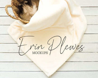 Erin Plewes Mockups Mockup Fleece Blanket Mockup, Cream Blanket Mock-Up in a Basket with Cat for Lifestyle Stock Photo, Minky Blanket Mock Up Template