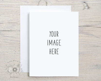 Erin Plewes Mockups Greeting card mockup with white envelope, A2 Thank you card mock-up with rustic wood background, A2 Card Mock Up