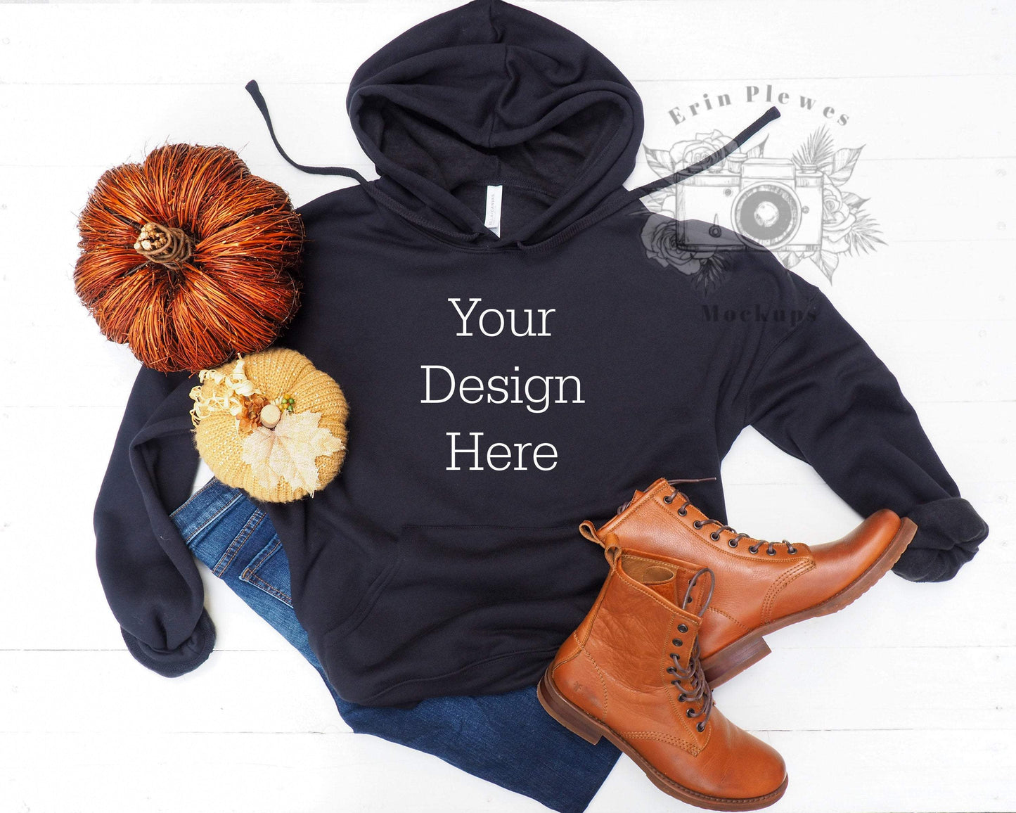 Erin Plewes Mockups Hoodie mockup, Bella Canvas sweatshirt mockup with boots and pumpkins, Autumn styled hoodie mock-up
