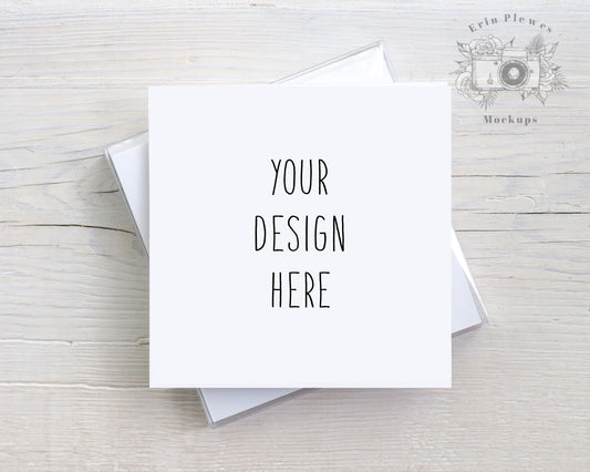 Square Card Mockup Flat Lay, Square Invitation Mock Up with Boxed Set for Rustic Wedding, Square Greeting Card Stock Photo