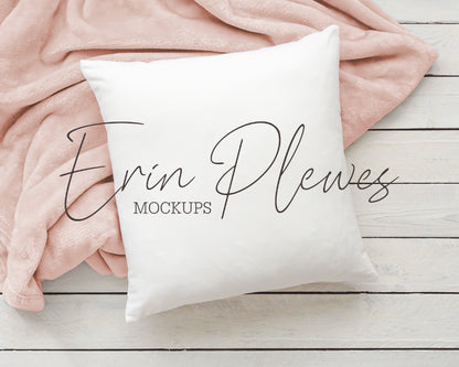 Pillow Mock Up, White pillow mockup with pink blanket for lifestyle stock photo, Square pillow mock-up, Jpeg Digital Download