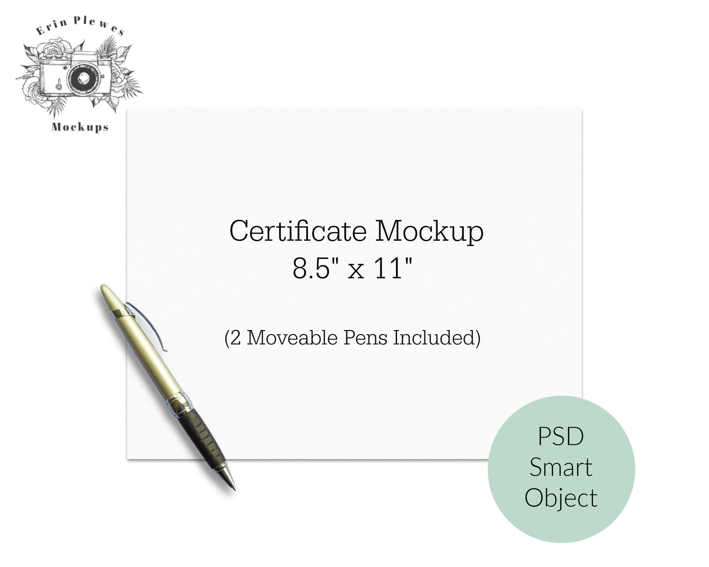 Letter Sized Paper Mockup 8.5 x 11, Certificate Mockup on White Background, Moveable Pen PSD Smart Object Mock-up, Instant Digital Download