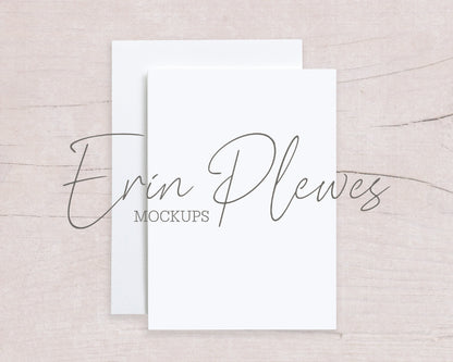 A6 Card Mockup with White Envelope on Beige Wood, A-6 Stationery Mock-Up, Rustic Card Flat Lay, Jpeg Instant Digital Download