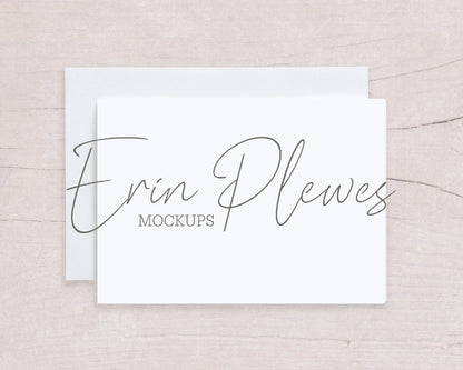 Card Mockup 5x7 with White Envelope on Beige Wood, Thank You Note Mock Up, Invitation Flat Lay for Rustic Wedding, Jpeg Instant Download