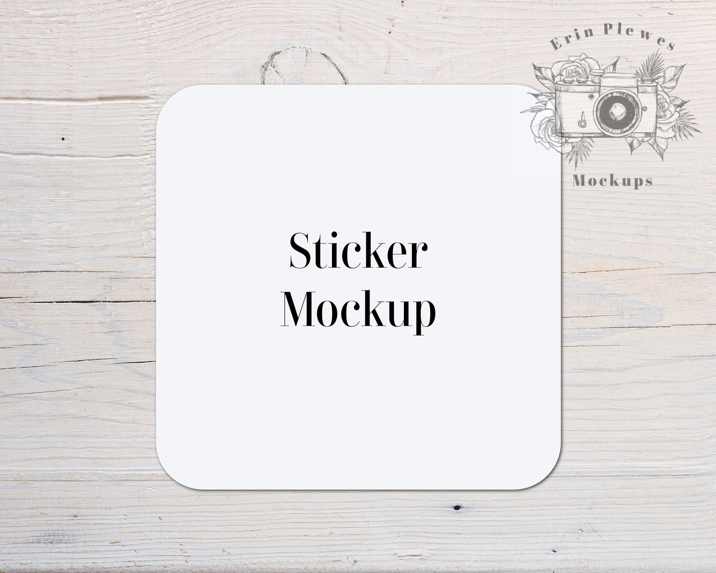 Square Sticker Mockup with Rounded Edges, Coaster Mock Up on Rustic White Wood, Jpeg Instant Digital Download Template