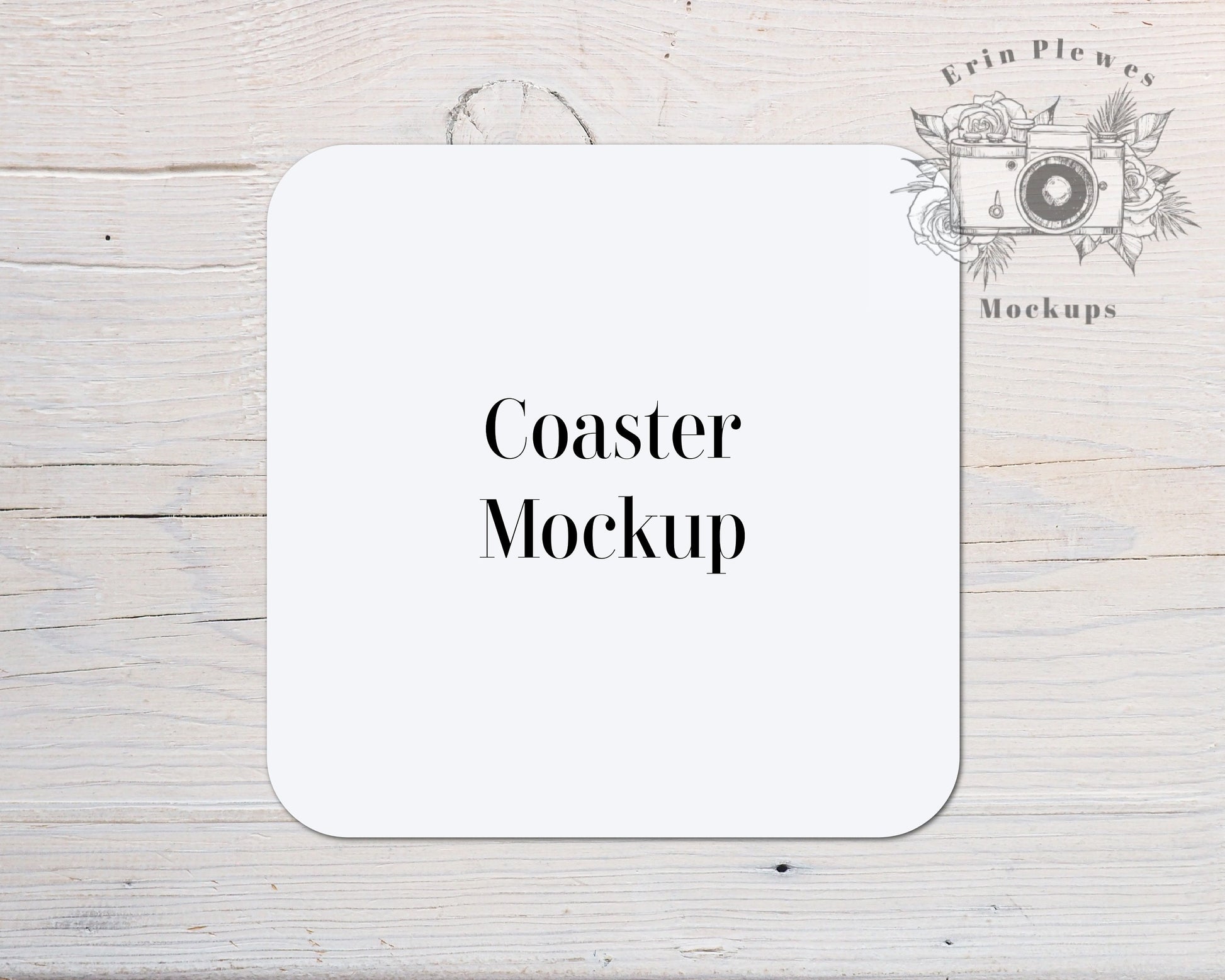 Square Sticker Mockup with Rounded Edges, Coaster Mock Up on Rustic White Wood, Jpeg Instant Digital Download Template