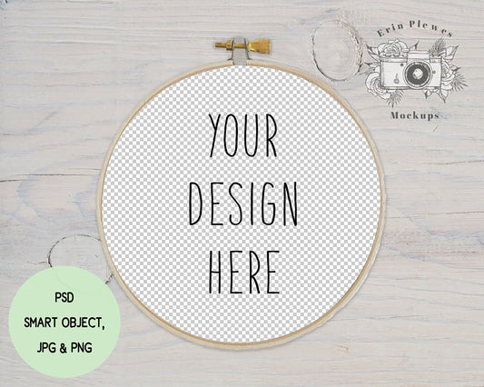 Cross Stitch Mockup PSD Smart Object, Embroidery hoop mockup on rustic white wood, Sewing Mock-up JPG PNG Digital Download Template