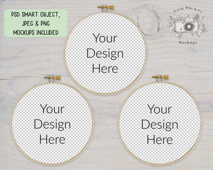 Embroidery Hoop Mockup Set of 3, Sewing Mock Up on Rustic White Wood, JPG PNG PSD Smart Object Digital Download Template