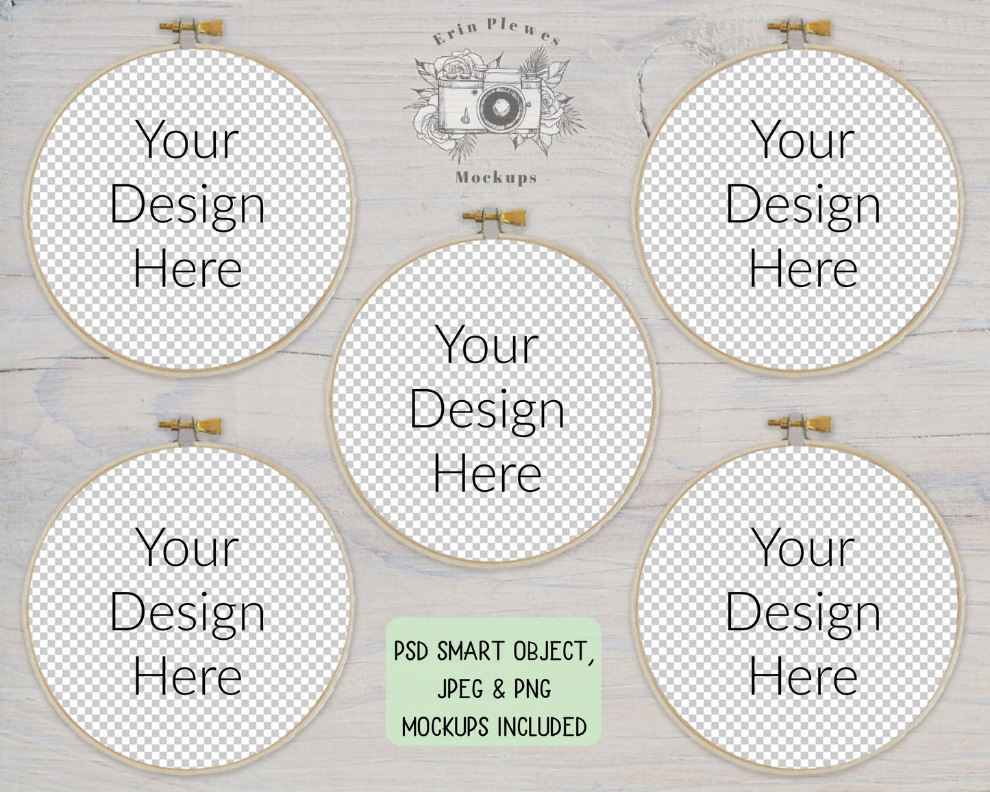 Embroidery Hoop Mockup Set of 5, Cross Stich Mock-Up on Rustic White Wood, PSD Smart Object Digital Download Template JPG PNG