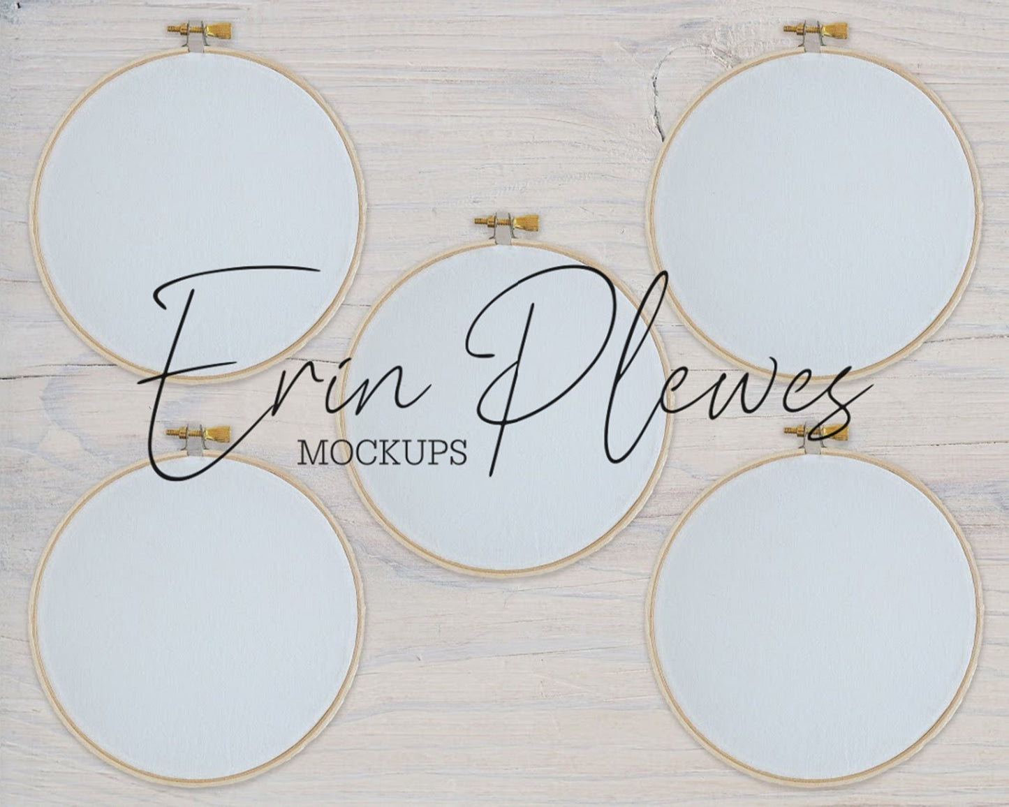 Embroidery Hoop Mockup Set of 5, Cross Stich Mock-Up on Rustic White Wood, PSD Smart Object Digital Download Template JPG PNG