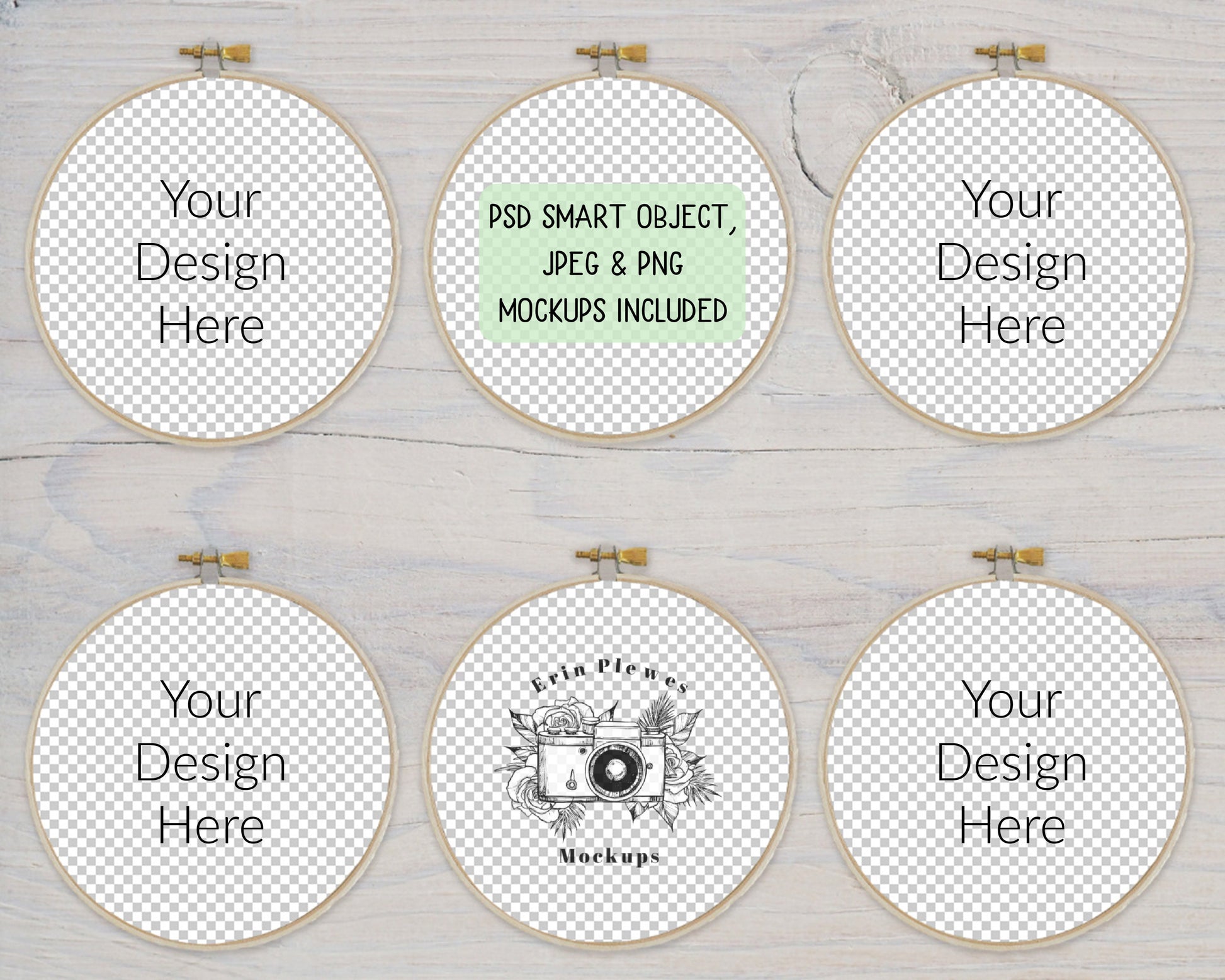 Embroidery Hoop Mockup Set of 6, Cross Stich Mock-Up, Sewing Mock Up on Rustic White Wood, PSD Smart Object Template JPG PNG