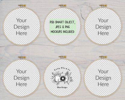 Embroidery Hoop Mockup Set of 6, Cross Stich Mock-Up, Sewing Mock Up on Rustic White Wood, PSD Smart Object Template JPG PNG