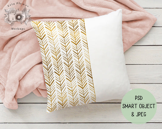 Pillow Mockup PSD Smart Object, Square Pillow Mock Up, Cushion Mock-up with Pink Blanket, Instant Digital Download Jpeg