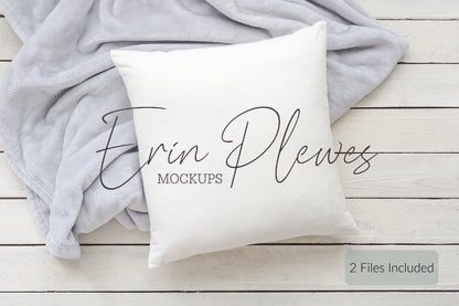Square Pillow Mockup PSD Smart Object, Cushion Mock Up, Pillow Slipcover Mock-up with Gray Blanket, Instant Digital Download Jpeg