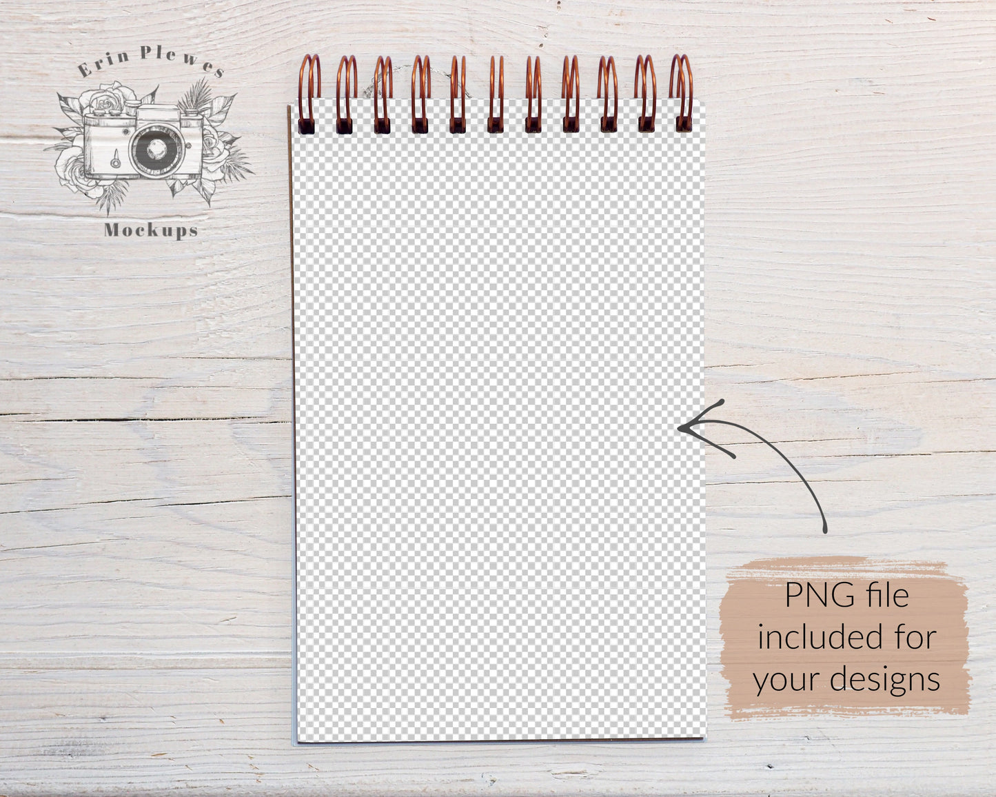 Spiral Top Notebook Mockup, Notebook Mock-Up on Rustic Wood, PSD Smart Object Notepad Flat Lay, Instant Digital Download Jpeg PNG