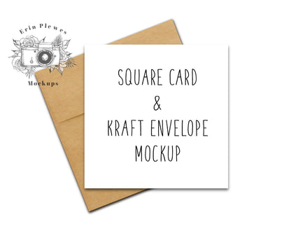 Square Card Mockup with Kraft Envelope, Square Invitation Mock Up on White Background, Lifestyle Stock Photo Jpeg Template