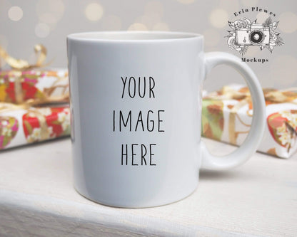 Erin Plewes Mockups Mug mockup, Coffee mug mockup with Christmas presents for styled stock photo, Bokeh mock up, Instant Digital Download Template