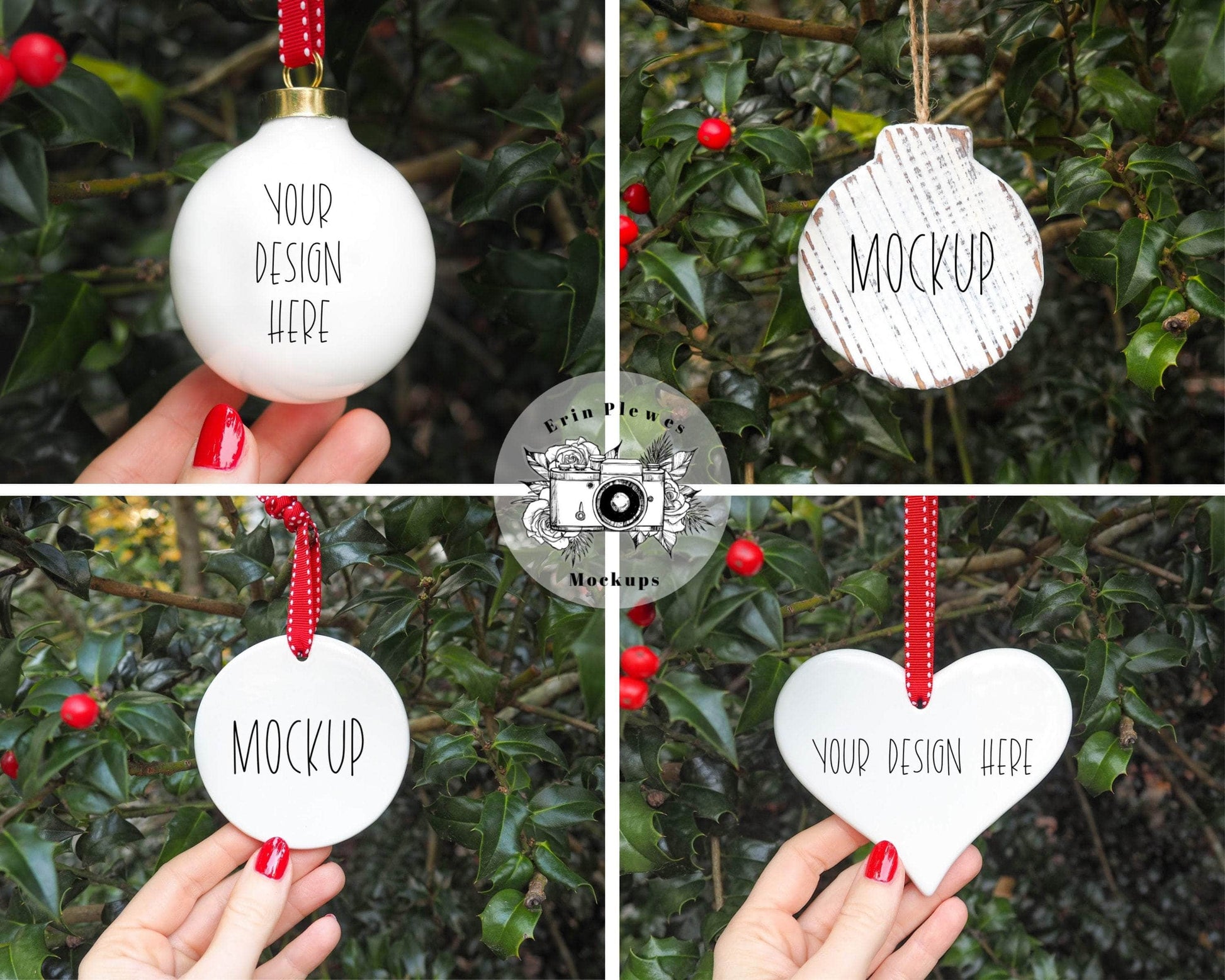 Erin Plewes Mockups Ornament Mockup Bundle, Christmas ornament mock up set of 12 holiday ceramic and porcelain decorations, Digital Download Jpeg Template
