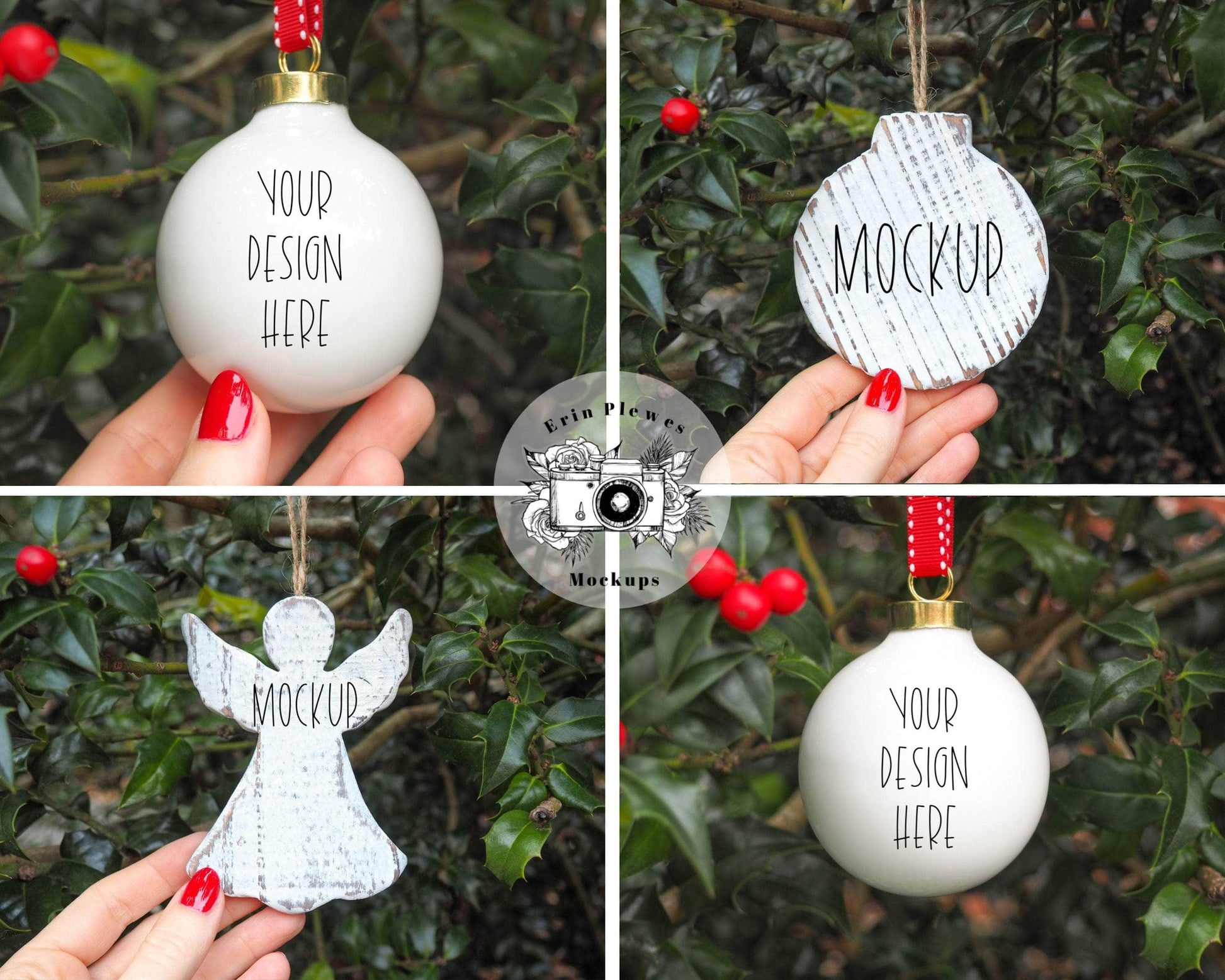 Erin Plewes Mockups Ornament Mockup Bundle, Christmas ornament mock up set of 12 holiday ceramic and porcelain decorations, Digital Download Jpeg Template