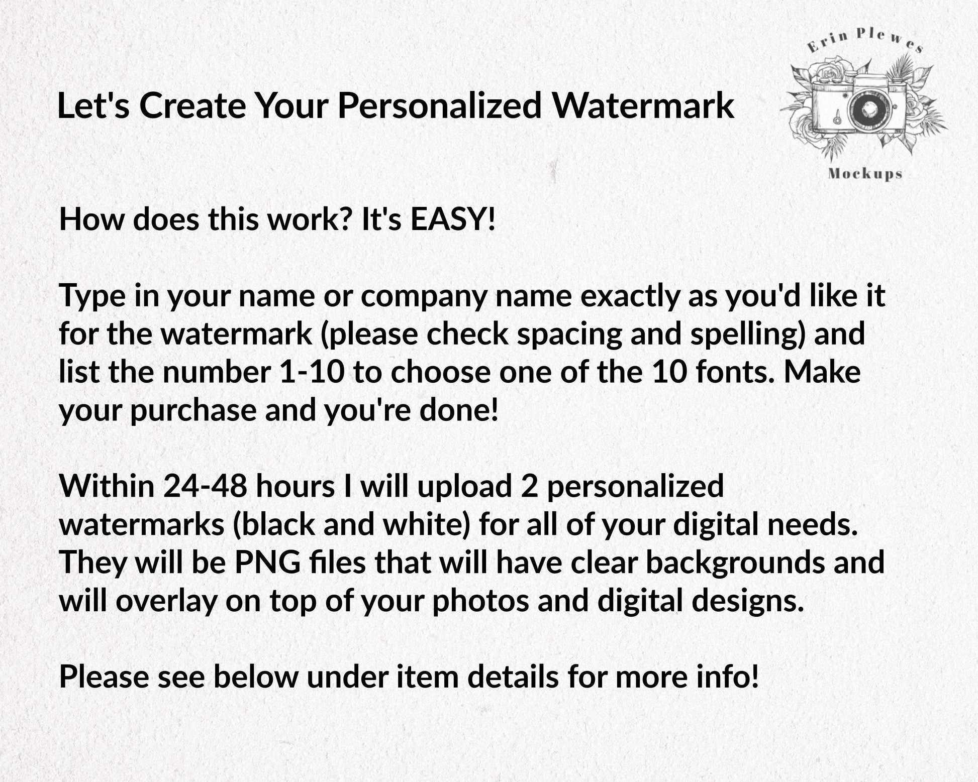 Erin Plewes Mockups Personalized Watermark, Customized Watermark PNG, Company Name Watermark, Watermark to help protect your online photos