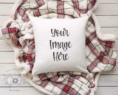 Erin Plewes Mockups Pillow Mockup, Pillow case mockup with red plaid blanket for Farmhouse styled stock photography, Pillow mock ups digital download jpeg