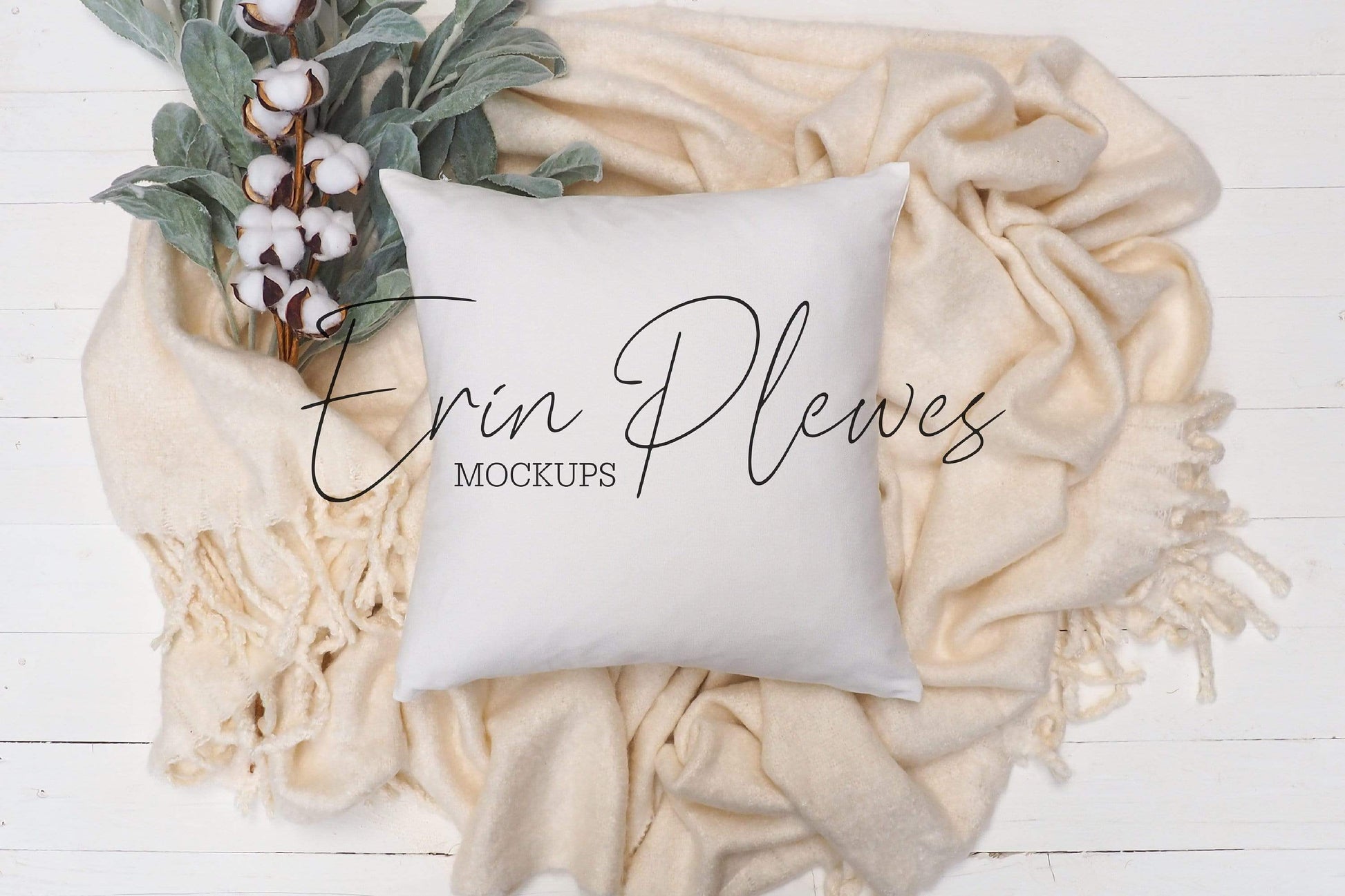Erin Plewes Mockups Pillow Mockup, Square Pillow Mockup with blanket and cotton for farmhouse lifestyle stock photo, White pillow mock up jpeg digital download
