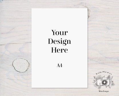 Erin Plewes Mockups Poster Mockup A4, Print mockup on white washed rustic wood with knots, Paper mock-up, Jpeg Instant Digital Download Template