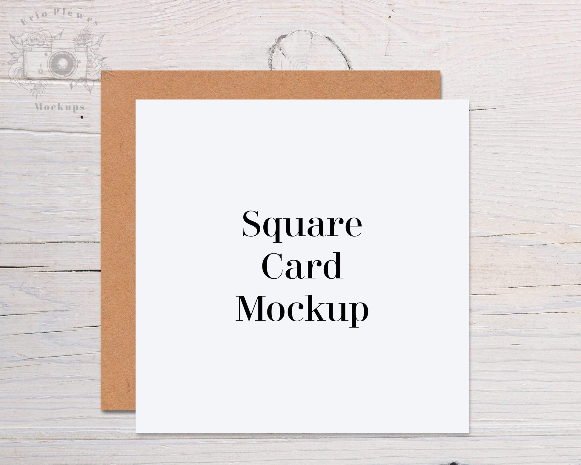 Erin Plewes Mockups Square Card Mockup with Kraft Envelope, Invitation Mock Up on Rustic Wood, Square Stationary Mock-up Template