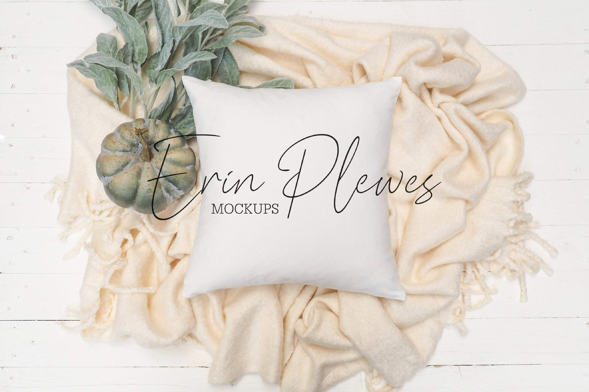 Erin Plewes Mockups Square Pillow Mockup, Pillow Mockup with blanket and pumpkin for fall lifestyle stock photo, White pillow mock up, Jpg digital download