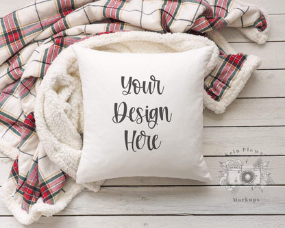 Erin Plewes Mockups Square Pillow Mockup, Pillow mockup with red plaid blanket for Christmas styled stock photo, Throw pillow mock up digital download