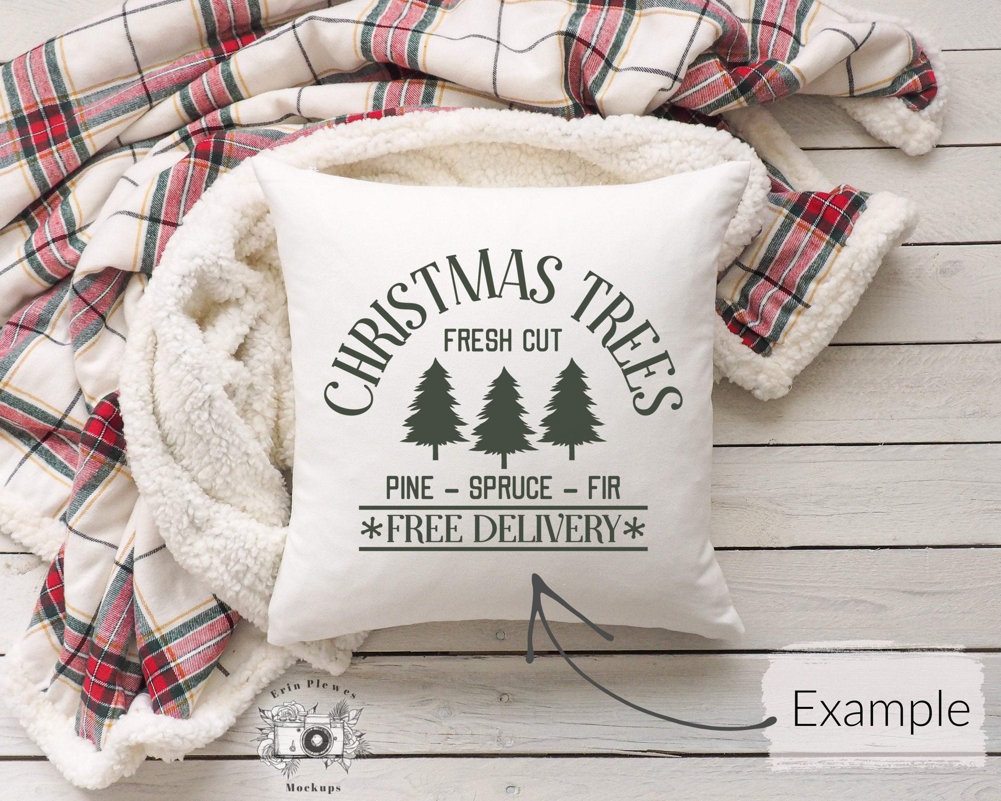 Erin Plewes Mockups Square Pillow Mockup, Pillow mockup with red plaid blanket for Christmas styled stock photo, Throw pillow mock up digital download