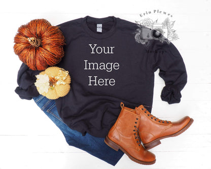Erin Plewes Mockups Sweatshirt Mockup Black, Gildan 18000 Sweatshirt mock up with rustic boots and pumpkins, Fall styled flatlay mock-up template