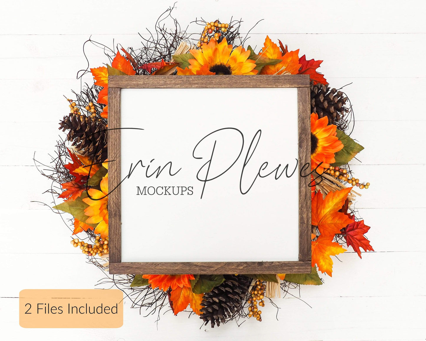 Erin Plewes Mockups Wood Sign Mockup 12x12, Rustic Wood Frame Mock Up, Fall Sign Flat Lay with Pumpkins and Sunflowers, Farmhouse Style Mock-up