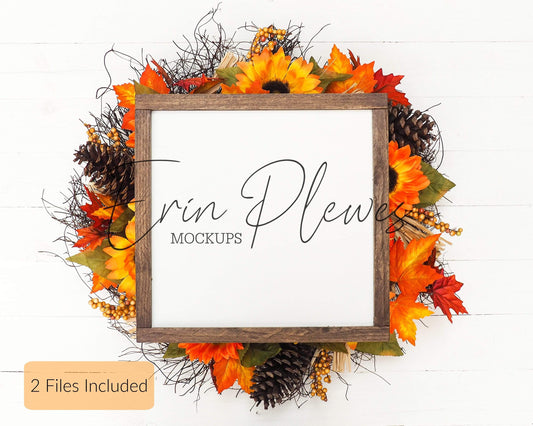 Erin Plewes Mockups Wood Sign Mockup 12x12, Rustic Wood Frame Mock Up, Fall Sign Flat Lay with Pumpkins and Sunflowers, Farmhouse Style Mock-up