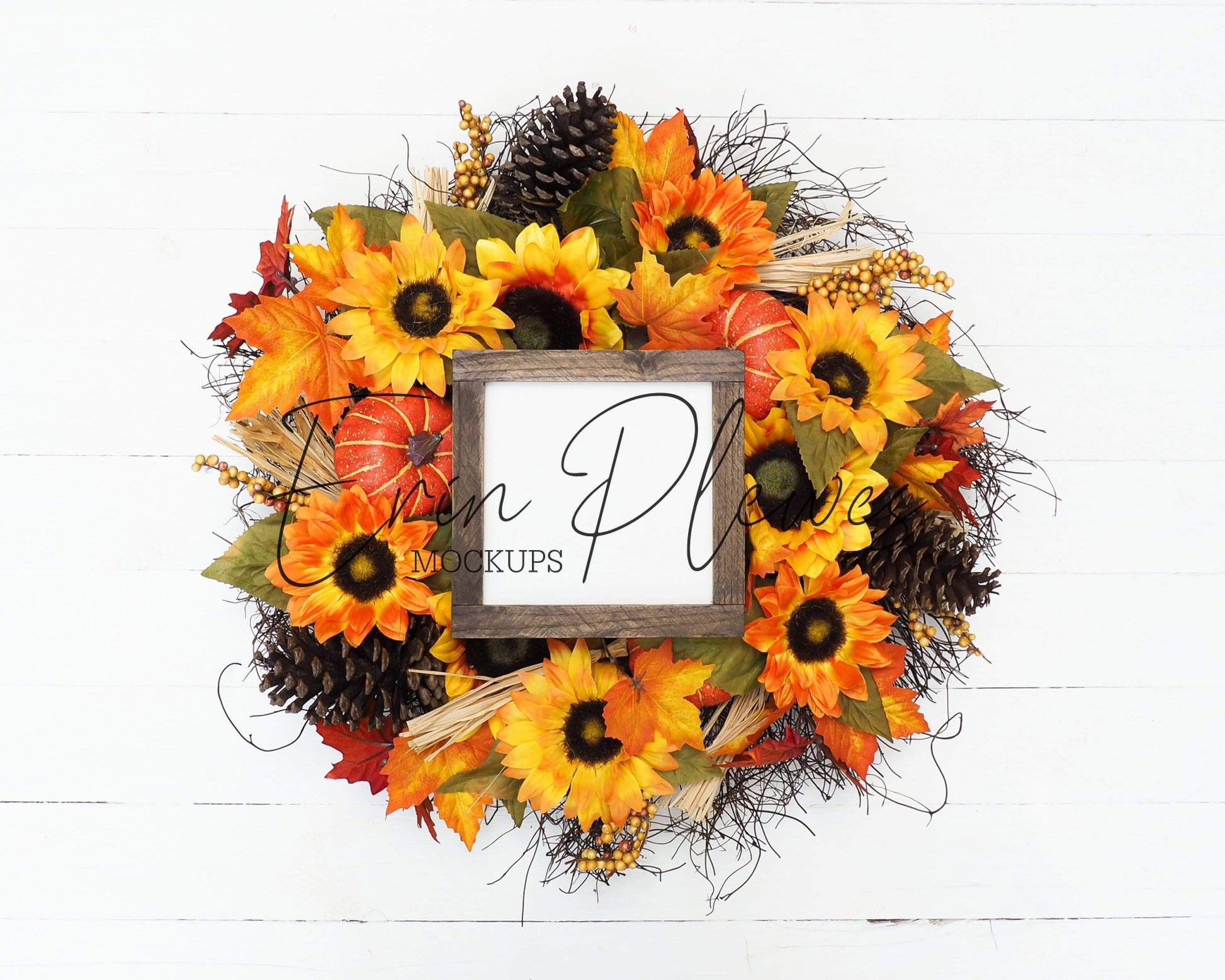 Erin Plewes Mockups Wood Sign Mockup 6x6, Rustic Wood Frame Mock-up, Fall Sign Flatlay with Pumpkins and Sunflowers, Farmhouse Style Mock Up