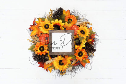 Erin Plewes Mockups Wood Sign Mockup 6x6, Rustic Wood Frame Mock-up, Fall Sign Flatlay with Pumpkins and Sunflowers, Farmhouse Style Mock Up